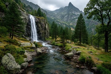 Majestic Waterfall Cascading Down Mountainside into a Lush Alpine Stream