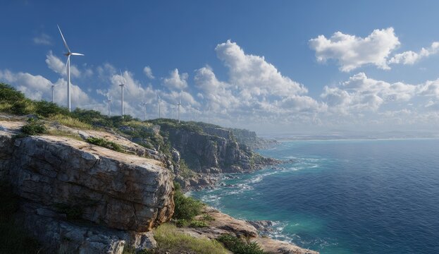 Coastal cliffside scene with wind turbines, vibrant sea, blue sky, and scattered clouds - Powered by Adobe