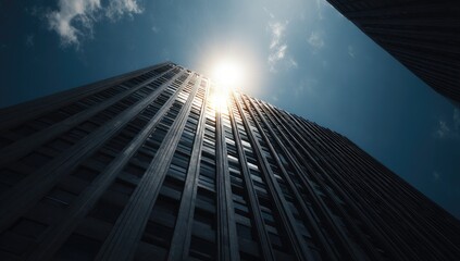 Low-angle shot of a skyscraper against a bright sunlit sky, showing repeating windows