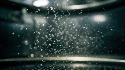 Closeup medium shot of particles settling in a gravitybased filtration chamber main filtration area clear against a subtly defocused environment.