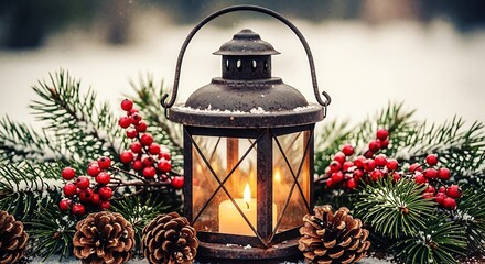 Illustration of christmas lantern with pine branches, berries, and pinecones in the snow