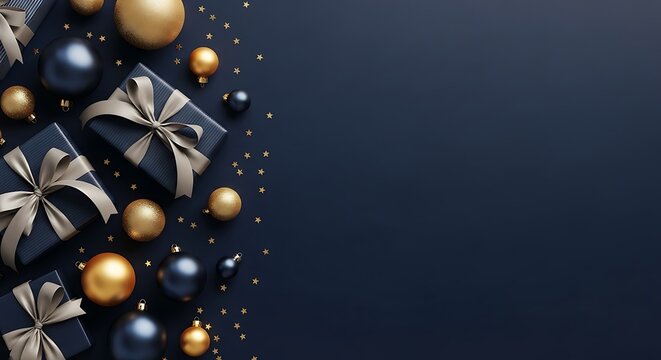 Illustration of elegant dark blue background with gold and navy blue christmas ornaments and gift boxes scattered around