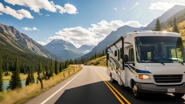 white and blue recreational vehicle drives on winding mountain road under bright blue sky with clouds Evergreen forests distant lake and majestic peaks flank the scenic route bathed in sunlight