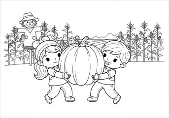 Children Carrying a Giant Pumpkin in a Cornfield with a Scarecrow.