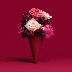 Floral arrangement in a cone, a whimsical still life against a solid burgundy background