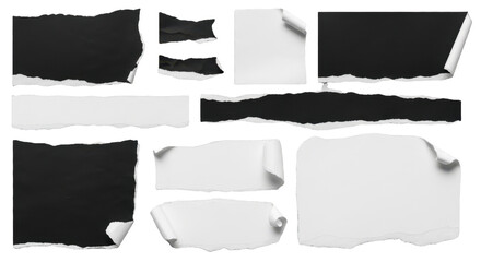 Torn black blank pages, uneven texture edges, isolated transparent background