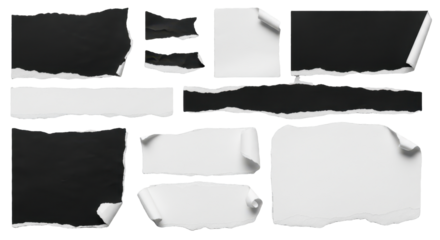 Torn black blank pages, uneven texture edges, isolated transparent background