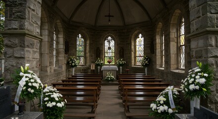 Fototapeta premium Interior view of a small stone chapel decorated with white flowers and wooden pews under a domed ceiling