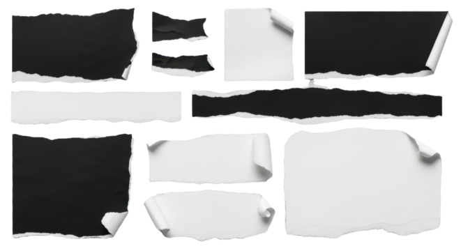 Torn black blank pages, uneven texture edges, isolated transparent background