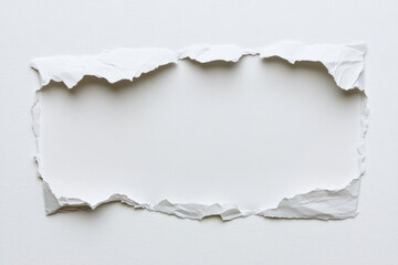 Minimalist torn paper frame on a clean white surface, revealing rugged edges and soft shadows. Raw texture, subtle depth, and negative space invite calm, creative composition for editorial use.
