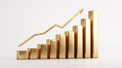 A rising stock market chart with golden bars, investment theme, 3D rendering, isolated on white background. 