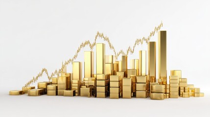 Fototapeta premium A rising stock market chart with golden bars, investment theme, 3D rendering, isolated on white background. 