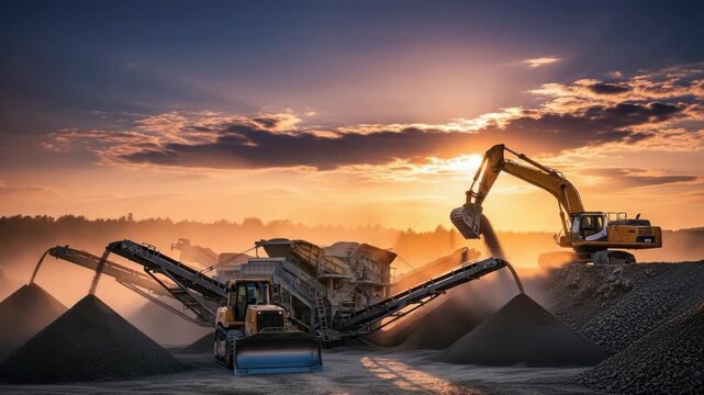 sunset bathes busy quarry showcasing an excavator dumping material front loader and series of conveyor belts creating aggregate piles amidst hazy dust-filled atmosphere