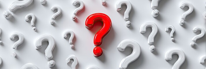 A red question mark stands out amongst white ones on a white surface. Symbolic of stand out