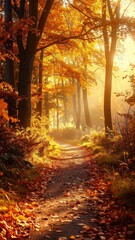Obraz premium Sun Drenched Autumnal Forest Trail with Golden Light and Vivid Foliage Warm Tones Cinematic Still Life HDR Photography Ultra Sharp Detail