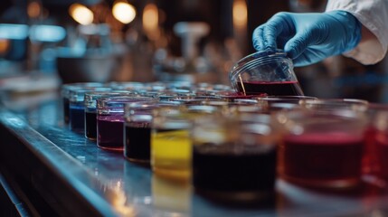 Obraz premium Medium shot of a technician carefully mixing pigments at a custom tinting station focusing on the manual shade creation process with a blurred background.