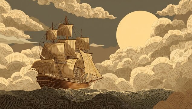 A tall ship sails through stylized clouds toward a radiant sun