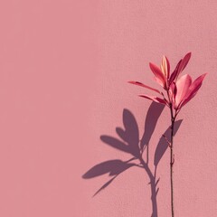 Pink wall with plant and its shadow cast in bright light. Minimalistic composition