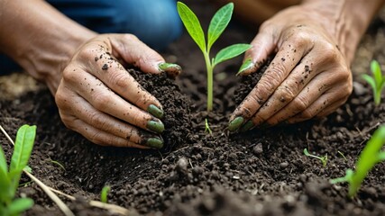 Gardener's hands nurturing a new plant growth