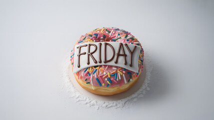 Colorful Donut with Sprinkles and Friday Letter Decoration on White Surface