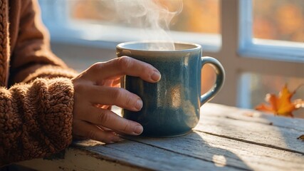Cozy Autumn Morning with a Steaming Hot Drink