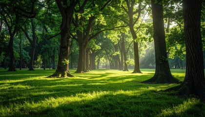 Obraz premium Sun Drenched Forest with Green Trees and Grass with Sunlight Streaming Through Canopy in Outdoor Setting