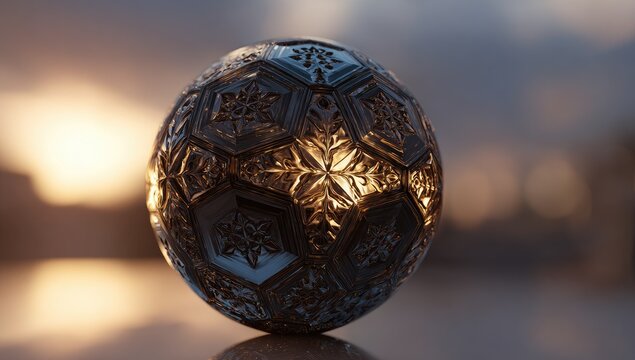 Close-up shot of a detailed, ornate sphere reflecting warm light. Background is blurred