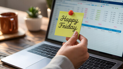 Person Holding Happy Friday Sticky Note in Front of Laptop Showing Financial Data