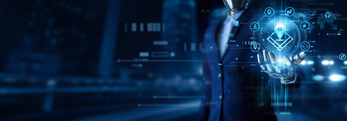 Humanoid robot holds a geographic information system. GIS mapping spatial analysis geodata...