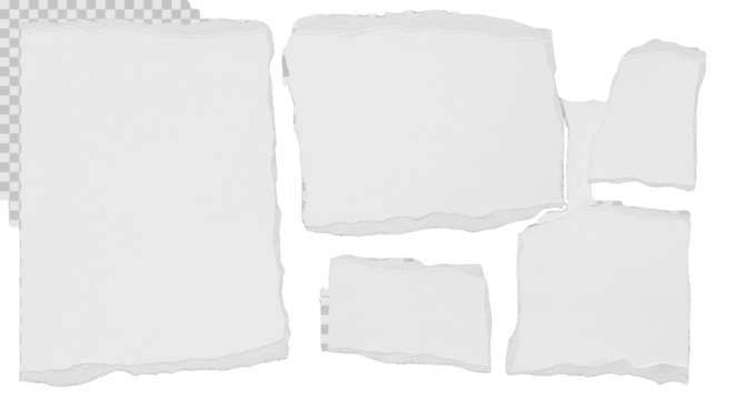 Torn white paper isolated sheets, blank mockup document transparent background