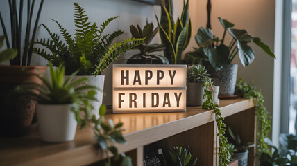 Lightbox Sign Saying Happy Friday Surrounded by Green Houseplants on Wooden Shelf