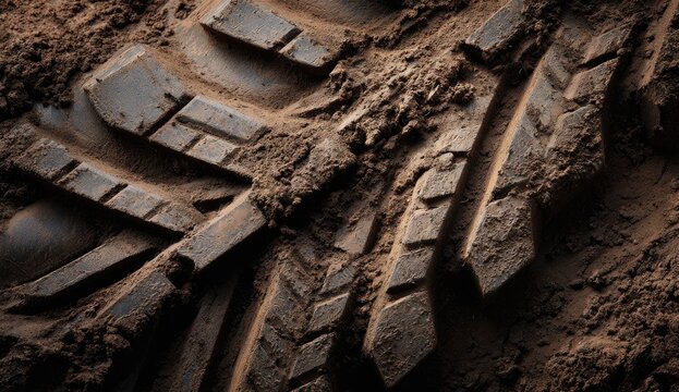 Close-up view of a heavy vehicle tire tread impression imprinted in wet, brown earth