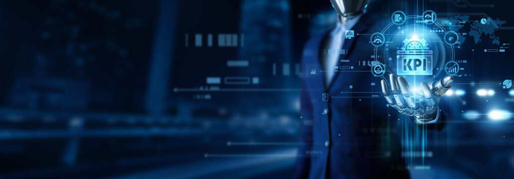 Humanoid robot handholds the key performance indicator. KPI measurement analytics evaluation progress tracking performance improvement goal success efficiency growth.