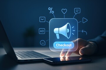 Hand pressing glowing checkout megaphone ad icon on laptop for digital marketing
