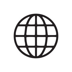 Black outline icon of a world globe grid, symbolizing global communication, internet, international network, and digital connection, ideal for modern technology concepts