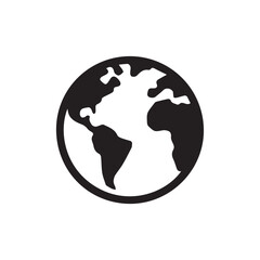 Black Earth globe icon on a white background, a versatile vector graphic representing global communication, travel, and environmental themes