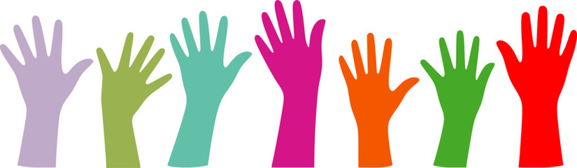 Obraz premium Diverse colored hands raised in unison colorful diversity