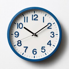 Circular wall-mounted timepiece with blue frame, white face, black hands, and blue numerals