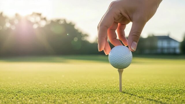 hand gently places dimpled white golf ball onto tee on perfectly manicured green course Golden hour sunlight creates sunbeams through blurred trees and distant building