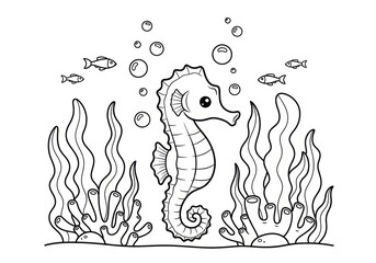Naklejka premium Cute Cartoon Seahorse Underwater with Fish and Seaweed Coloring Page.