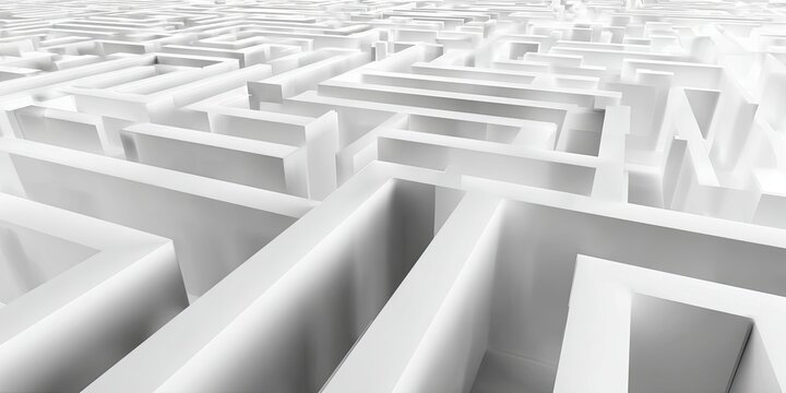 An elevated view into a complex, white maze. Walls create pathways, vanishing into the distance
