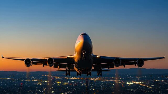 wide-body passenger jet ascends over vast city at dusk Its deployed landing gear powerful engines and illuminated lights are prominent against the warm orange and blue twilight sky with city lights tw