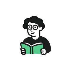 Cartoon person with glasses reads teal book