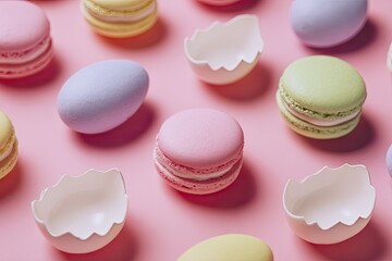 Obraz premium Pastel macarons and eggshells artfully arranged on a vibrant pink surface