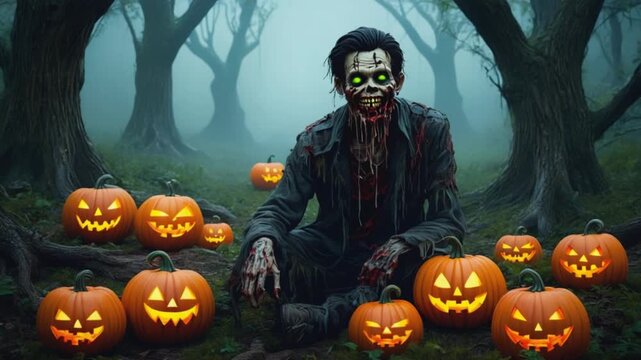 A zombie surrounded by jack o lanterns in a foggy forest at halloween night scene depiction halloween zombie video