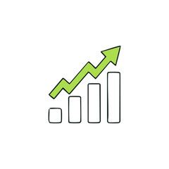 Upward trending bar chart with a green arrow overlayed