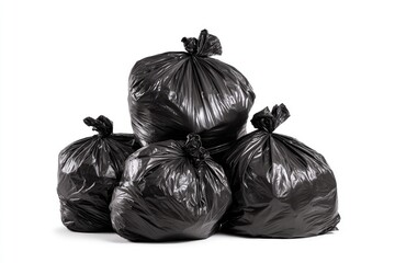 Four knotted, opaque black plastic bags, overflowing and ready for removal, white backdrop