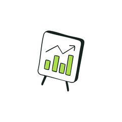 Rising bar chart on stand, arrow trends upward