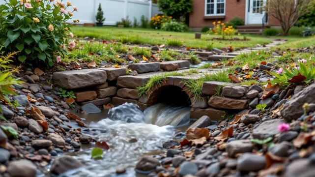Creek passage with Stone Bridge :A picturesque stone bridge spans a lively creek. The image shows a blend of natural elements and man-made architecture, illustrating harmony in the environment.
