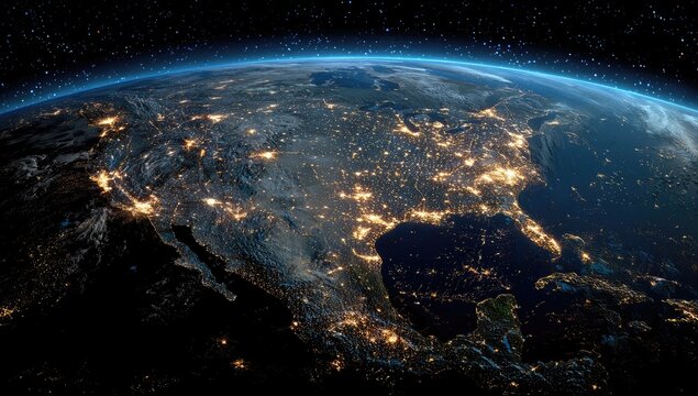 A nighttime view of North America from space, showing city lights against a dark backdrop - Powered by Adobe
